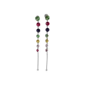 Vibrant colorful round crystal beaded dangle earrings with elegant silver snake chain
