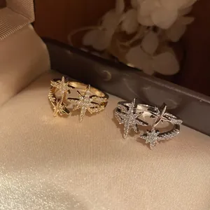 Anello Aperto a Doppio Strato con Stella in Zirconia Placcato Oro 18K per Donna Regolabile Moda Minimalista Leggero Lusso