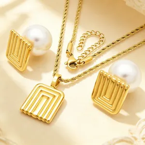 French Vintage Stainless Steel Jewelry Set For Women Artificial Pearl Square Geometric Spiral Necklace And Earrings Set