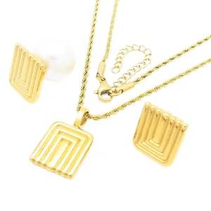 Vintage French gold stainless steel square geometric necklace and pearl earring jewelry set