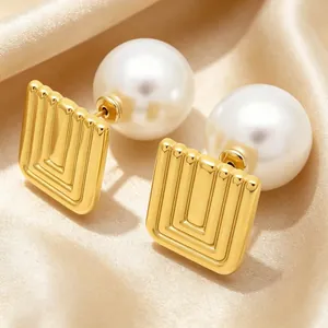 French vintage gold square geometric earrings with elegant white pearl back detail