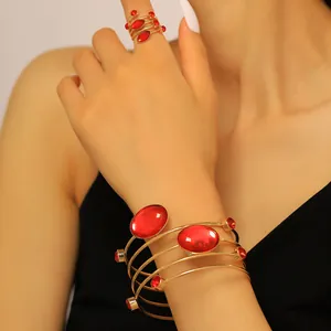 French Vintage Iron Rhinestone Geometric Spiral Open Adjustable Bracelet And Ring Jewelry Set For Women Party Gift