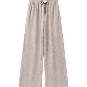 Pantalon large à taille haute côtelé pour femme avec cordon de serrage en mauve clair