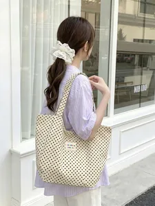 Polka Dot Print Canvas Tote Bag Large Capacity Women Shoulder Bag For Casual Daily Commute Shopping Travel