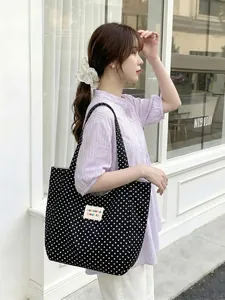 Stylish large capacity black and white polka dot canvas tote bag for daily commute