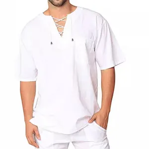 Men Retro Cotton Linen Shirt Casual Short Sleeve V-Neck Lace-up Top Loose Breathable Summer Vacation Shirt with Pocket