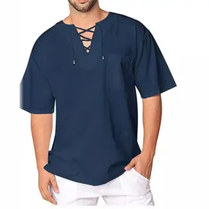 Men's summer cotton linen short sleeve T-shirt with lace-up V-neck in navy blue