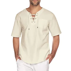 Men's casual cream cotton linen short sleeve shirt with lace-up V-neck and chest pocket