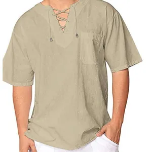 Men's casual cotton linen short-sleeve shirt with lace-up V-neck and chest pocket