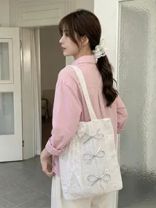 Women Sequin Tote Bag Large Capacity Chiffon Canvas Shoulder Bag With Silver Bowknot Lace Decor Sweet Girl Style