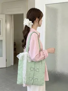 Large capacity green canvas tote bag with sparkling sequins and lace bow for women