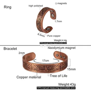 Ensemble bijoux cuivre magnétique avec bracelet et bague Arbre de Vie