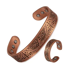 Ensemble bracelet et bague magnétique en cuivre avec arbre de vie et nœud celtique