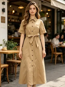 Women's Khaki Short Sleeve Lapel Belted Shirt Dress Button Down High Waist Maxi Dress Elegant Office Vacation Summer Dress