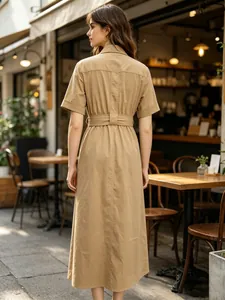 Elegant khaki short sleeve shirt dress with adjustable waist belt shown from back view