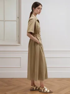Khaki short-sleeved shirt midi dress with an elasticized waist and button details