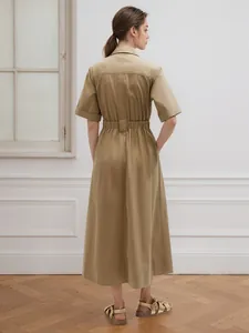 Detailed back view of a stylish khaki short-sleeve belted shirt dress for women