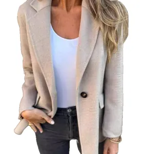 Chic women's solid color wool blazer jacket with single button closure in beige