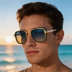 Gros plan de lunettes de soleil punk vintage avec branches en métal doré au coucher du soleil