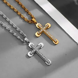 Colliers double croix pour hommes en acier inoxydable argent et or avec cristaux