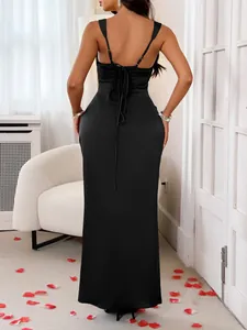 Elegant black satin cami maxi dress featuring a sophisticated lace-up back design for women