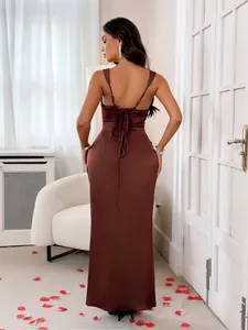Detailed back view of an elegant brown satin camisole hip-hugging long dress.