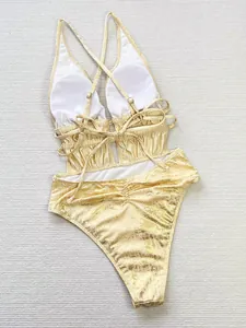 Gold metallic one-piece swimsuit with cutout backless design for women
