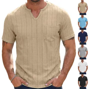 Mens casual summer V-neck short sleeve shirt with chest pocket in multiple colors