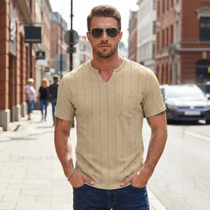 Casual men's V-neck short sleeve t-shirt with faux linen texture and pocket in khaki