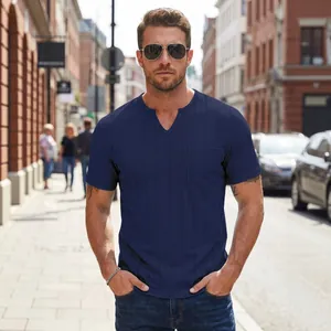 Premium men's summer navy blue short sleeve shirt with waffle texture and V-neck