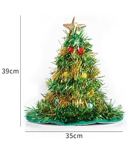 Detailed view of tinsel Christmas tree hat with dimensions 39cm height and 35cm width.