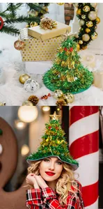 Detailed view of tinsel Christmas tree hat worn by model for festive parties