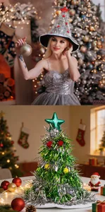 Sparkling silver and green tinsel Christmas tree hats for festive holiday parties