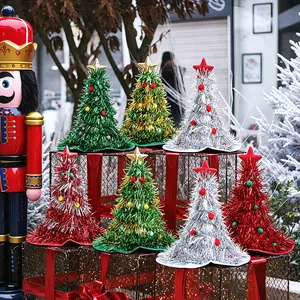 Christmas Tree Hat Tinsel Novelty Holiday Party Decor Non-Woven Fabric Glow LED Light Costume Accessories