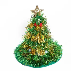 Festive green Christmas tree party hat with shiny gold tinsel and colorful pom-poms