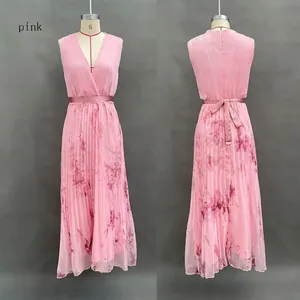 Elegant sleeveless pink pleated maxi dress featuring floral print and V-neck design