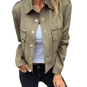 Elegant olive green faux suede jacket featuring turn-down collar and gold snap buttons