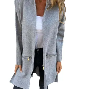 Comfortable grey long sleeve hooded jacket with zipper pockets for autumn and winter.