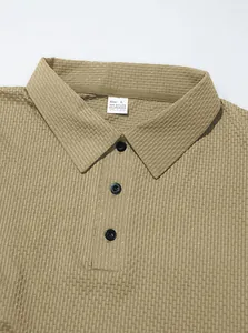 Detailed view of khaki polo shirt collar with 94% nylon and 6% spandex label.