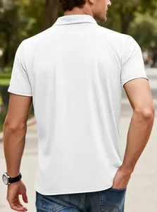 Back view of a white men's short-sleeve polo shirt with breathable honeycomb fabric texture