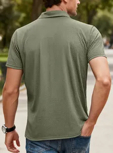 Back view of men's olive green ice-feeling textured polo shirt for a casual summer look