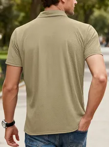 Back view of khaki men's ice-silk polo shirt showing premium honeycomb textured fabric