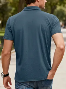 Back view of a men's teal ice silk polo shirt with textured breathable fabric.