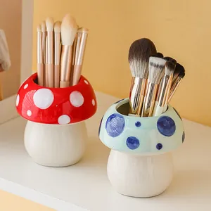 Mushroom Polka Dot Ceramic Makeup Brush Holder Desktop Organizer Pen Holder Decorative Vase For Vanity Home Office Decor