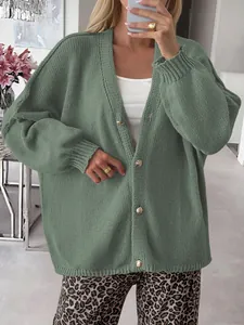 Casual green oversized knitted cardigan with gold buttons for women's autumn fashion