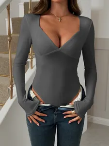 Detailed view of a stylish charcoal grey long-sleeved V-neck bodysuit for women