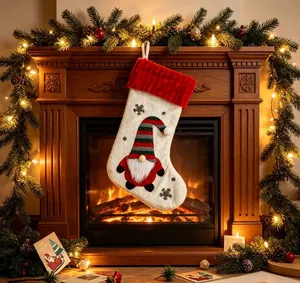 Close-up detail of a plush gnome Christmas stocking hanging on a cozy lit fireplace