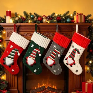 Christmas Stocking Knit Plush Faceless Gnome Decor Snowflake Pattern Ribbed Cuff Fireplace Tree Hanging Ornaments Gift Bag