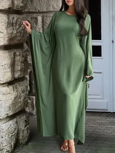 Robe longue élégante vert olive à manches longues et manches chauve-souris larges