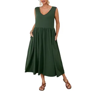 Summer sleeveless V-neck loose maxi dress with pockets in dark green color